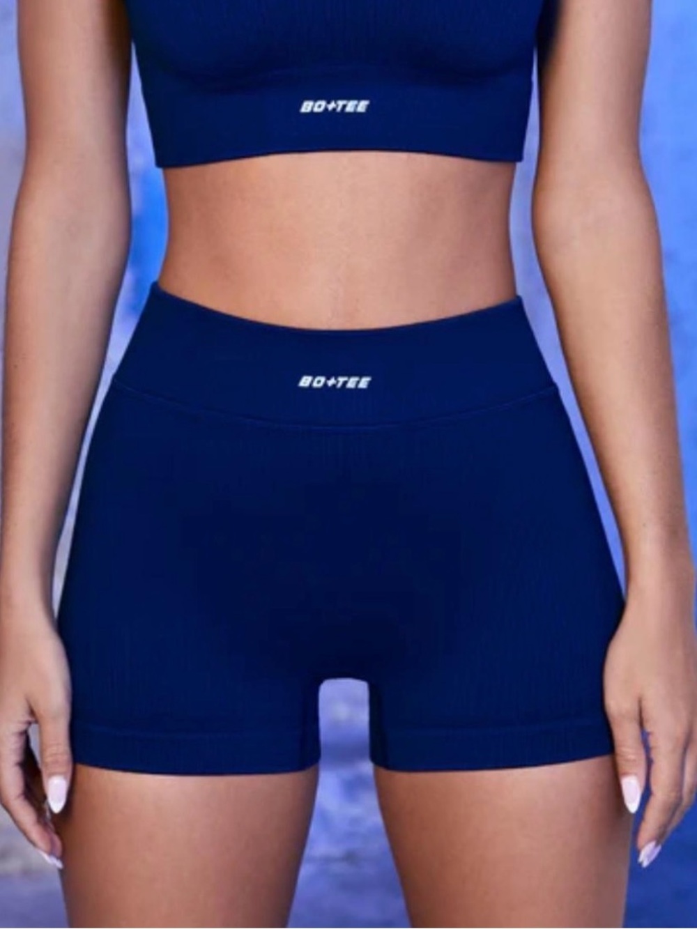 Bo+Tee Navy Seamless Ribbed Crop Top and Workout short Set - Top size S bottom M